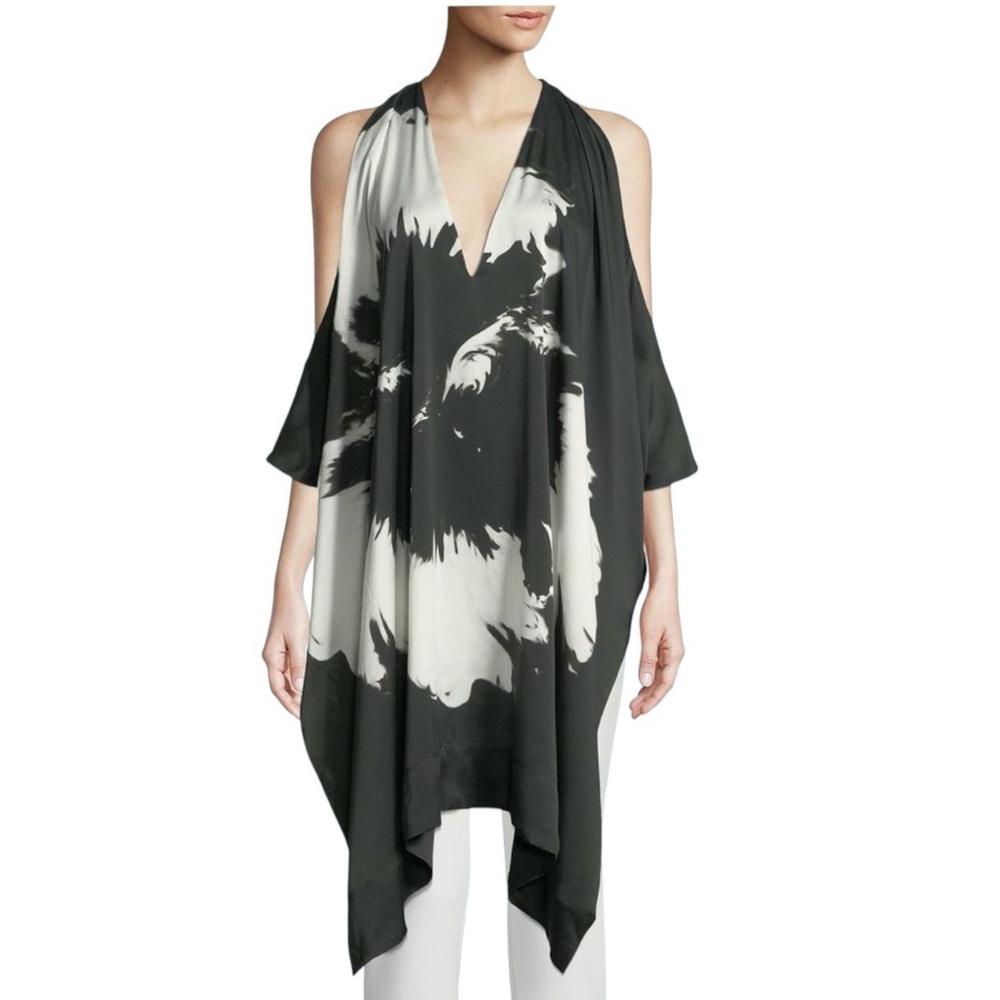 URBAN ZEN SPLASH FLOWER COLD SHOULDER DRAPED BLACK AND WHITE SILK TUNIC